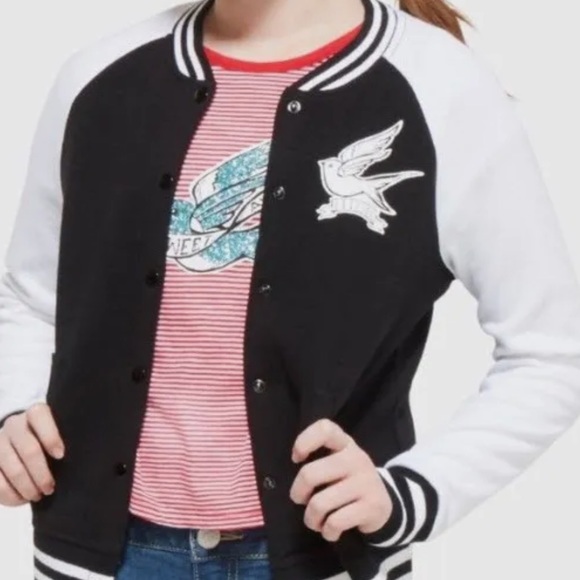 Justice Varsity jacket, black and white with glitter roses and birds. Girls 18. - Picture 14 of 14